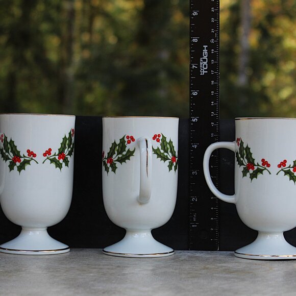 Set of Three Pedestal Mugs Kashima Trading Co. “Christmas Holly” - Picture 8 of 9